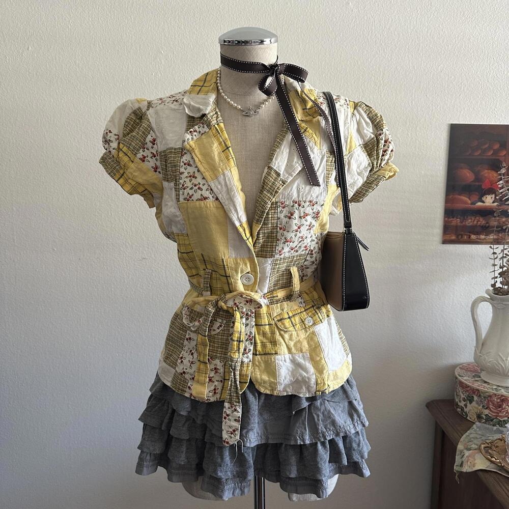 Yellow Patchwork Cap Sleeve Button Blouse - image 1